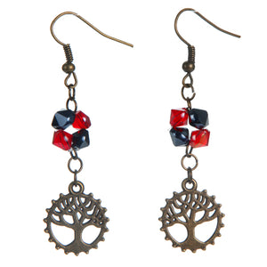 Aretes De Cristal Moño Rojo/Negro Y Árbol De La Vida