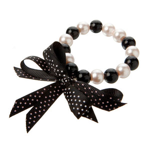 Pulsera Blanco-Negro Con Perlas Y Listón