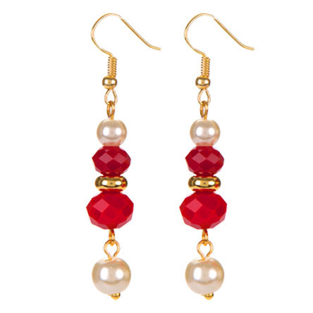 Aretes Largos Rojo-Blanco Con Perlas Y Rondeles